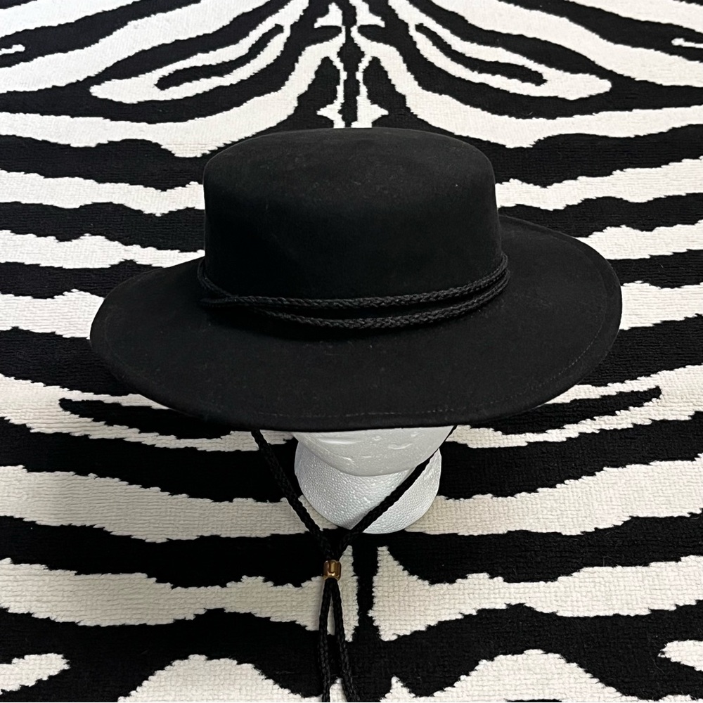 Vintage Arlin 100% Wool Bolero Boater Hat Black Chin Strap Size Medium 22” - Picture 3 of 12